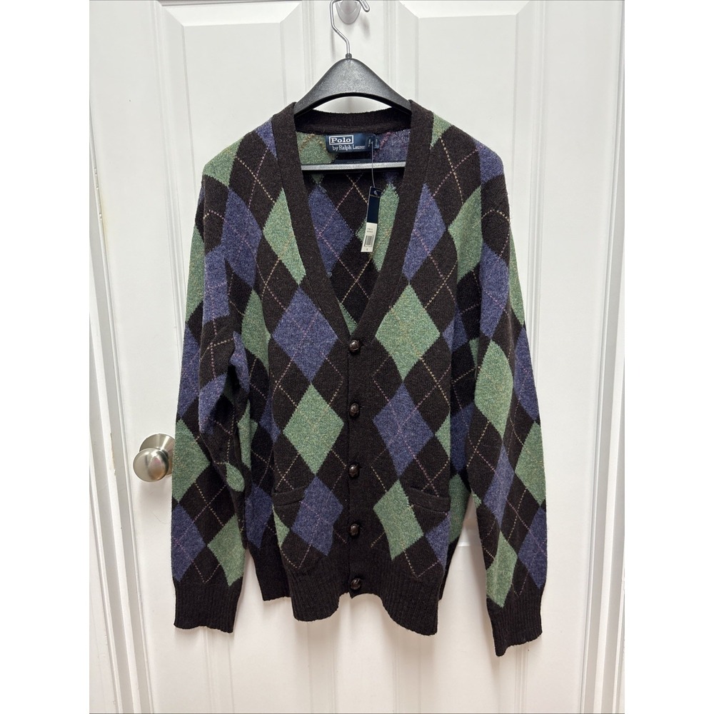 NWT Polo Ralph Lauren Button Down Argyle Elbow Patch Wool Cardigan-‎ Size XL